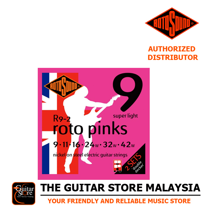 Rotosound R9-2 Double Decker Handmade Nickel Electric Guitar Strings – 2 Pack Pink Super Light 9-42